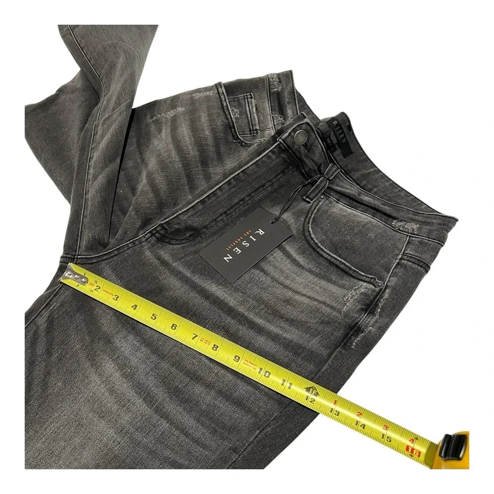 NWT Risen Womens 1XL Flare Jeans Black Acid Wash High Rise Raw Hem Stretch Denim